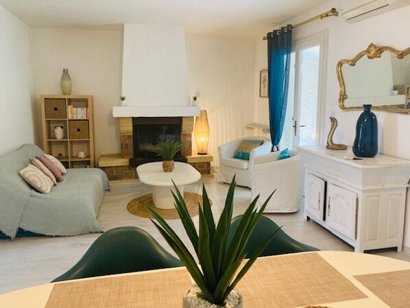 TV, fireplace, books