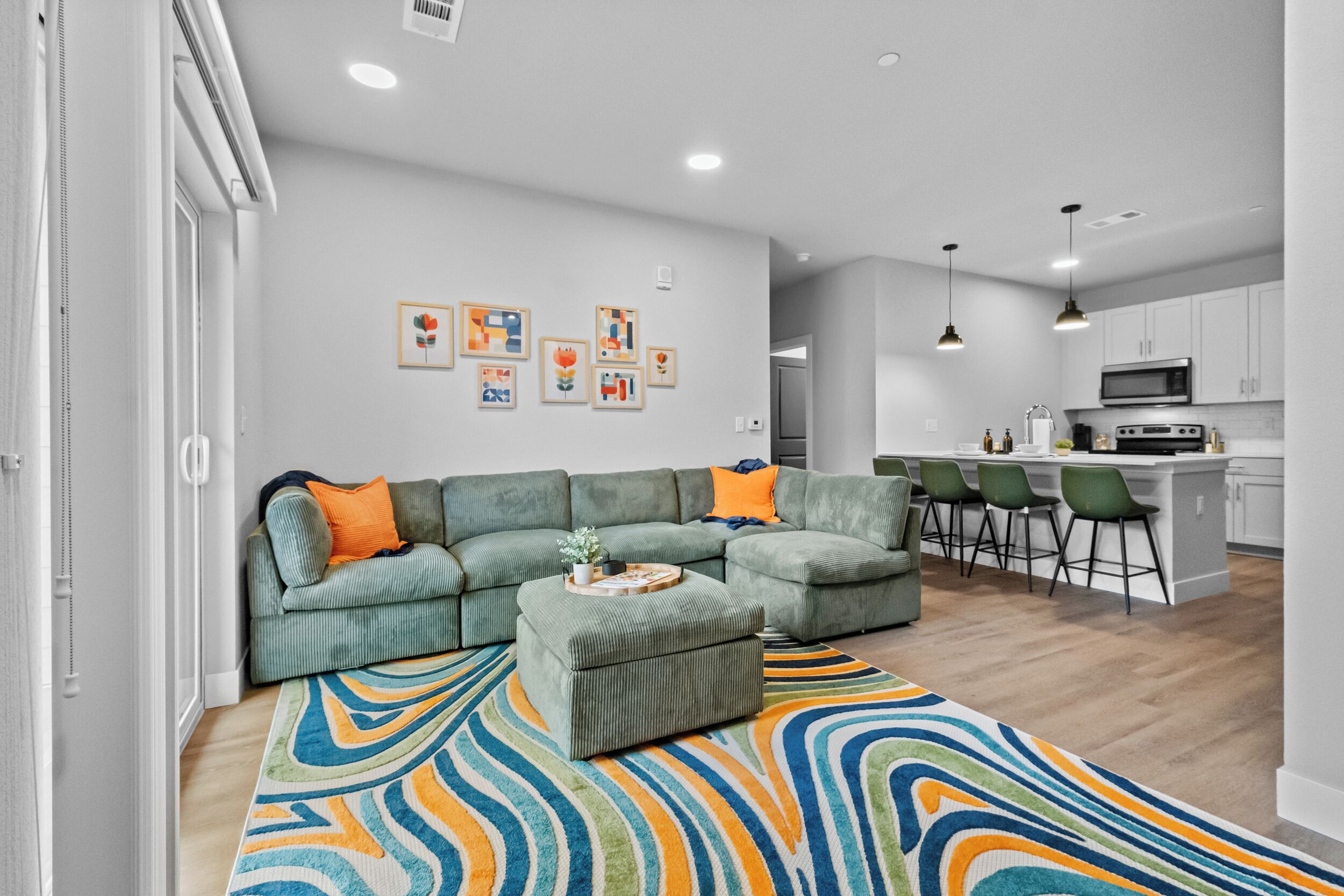 Step into the inviting open-concept living space, flooded with natural light. The contemporary decor and plush sectional is perfect for relaxing after a day of exploring. Need extra space for sleeping this couch is perfect and can easily sleep 2.