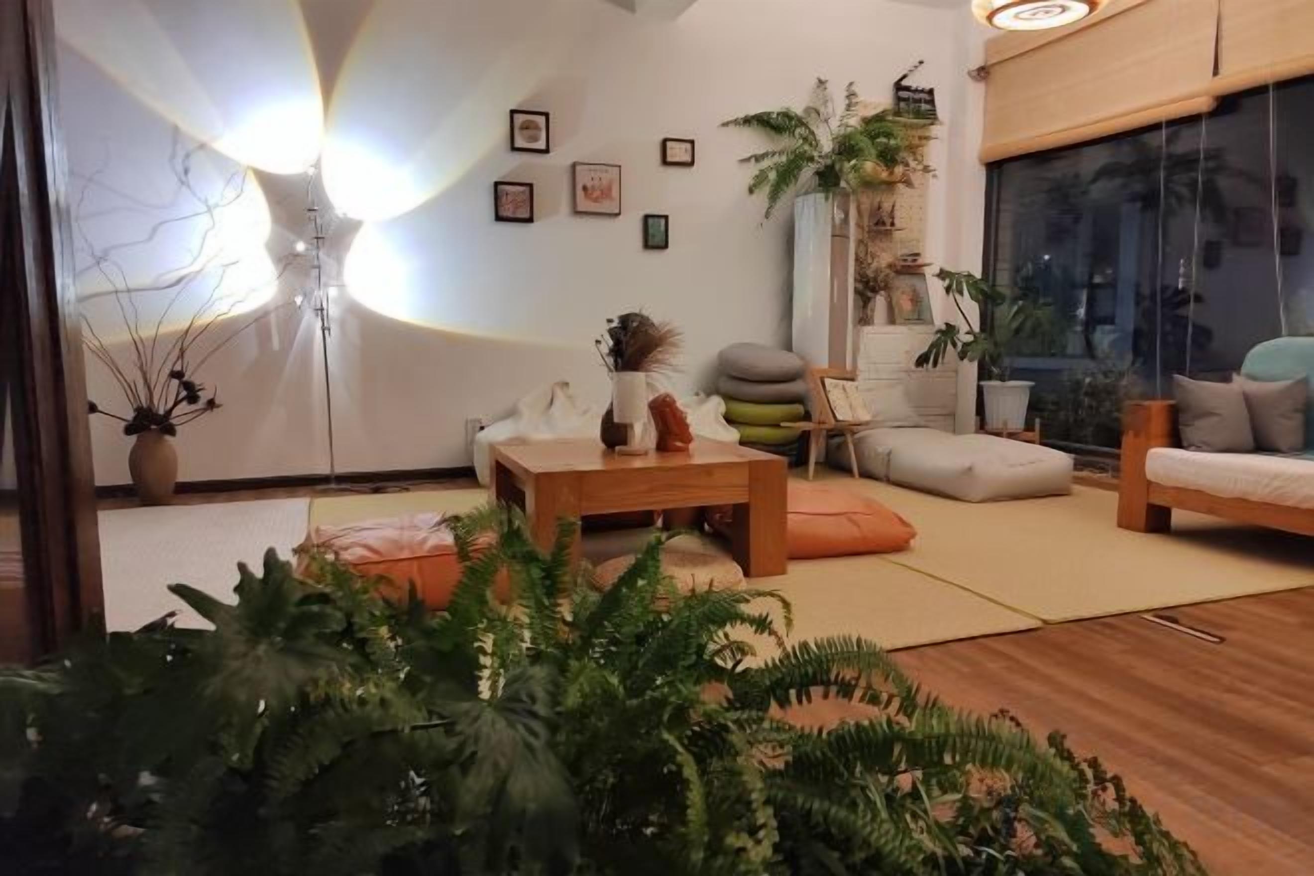 A modern living room with a sofa, coffee table, and potted plants.