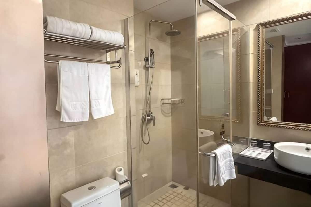A modern bathroom with a glass-enclosed shower, a toilet, a sink with a mirror, and towels on a rack.