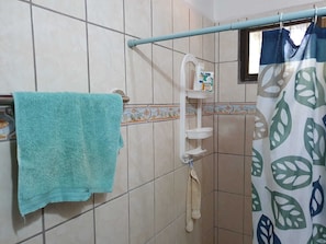 Ducha, secador de pelo, toallas y jabón