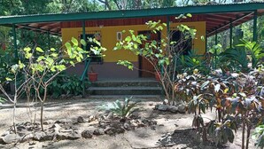 A yellow building with a green roof, surrounded by trees and plants.