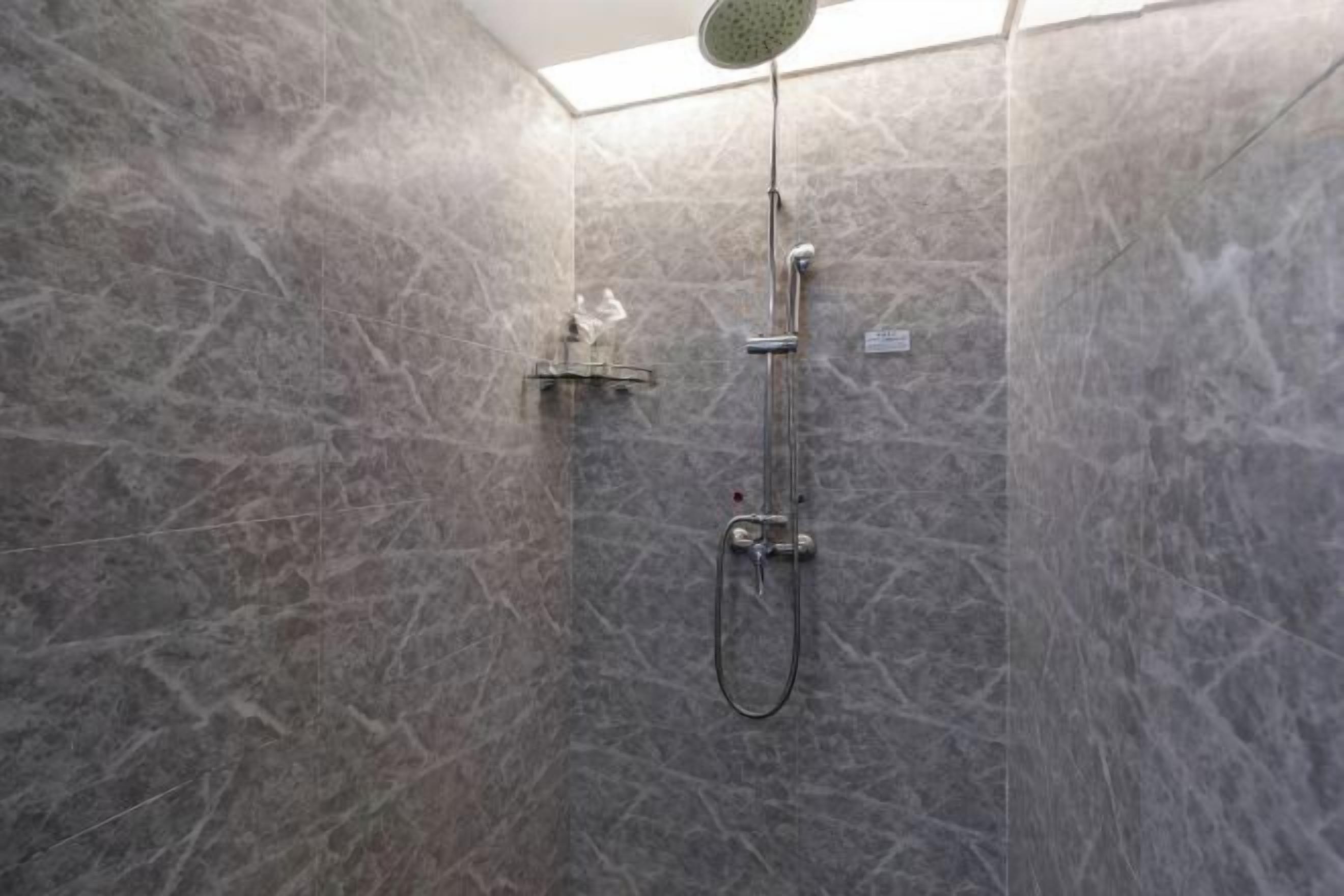 A shower with a handheld showerhead, a wall-mounted faucet, and a control panel.