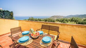 A table set with blue plates, a bowl of fruit, and a pineapple on a terrace with a view of the sea and hills. - Beautiful apartment in Collesano (PA) (Collesano (PA))