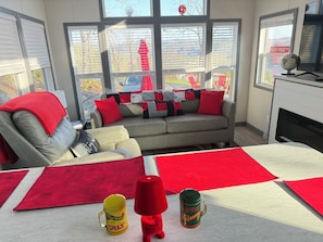 Smart TV, fireplace, table tennis, books