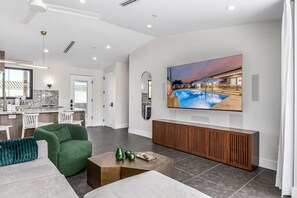 Smart TV, fireplace, books