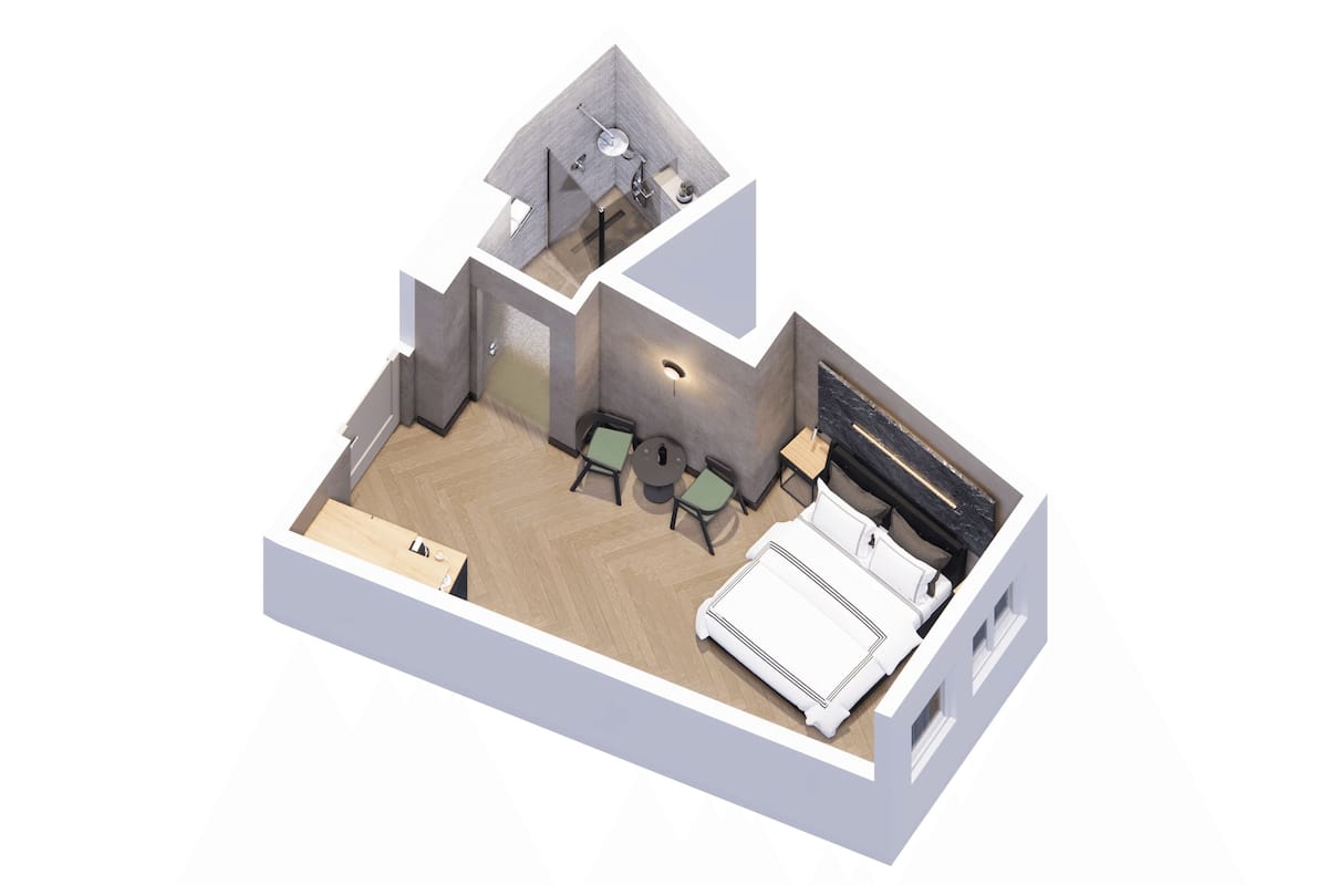 A 3D model of a compact hotel room with a bed, a small seating area with a table and chairs, a desk with a chair, and a large window.