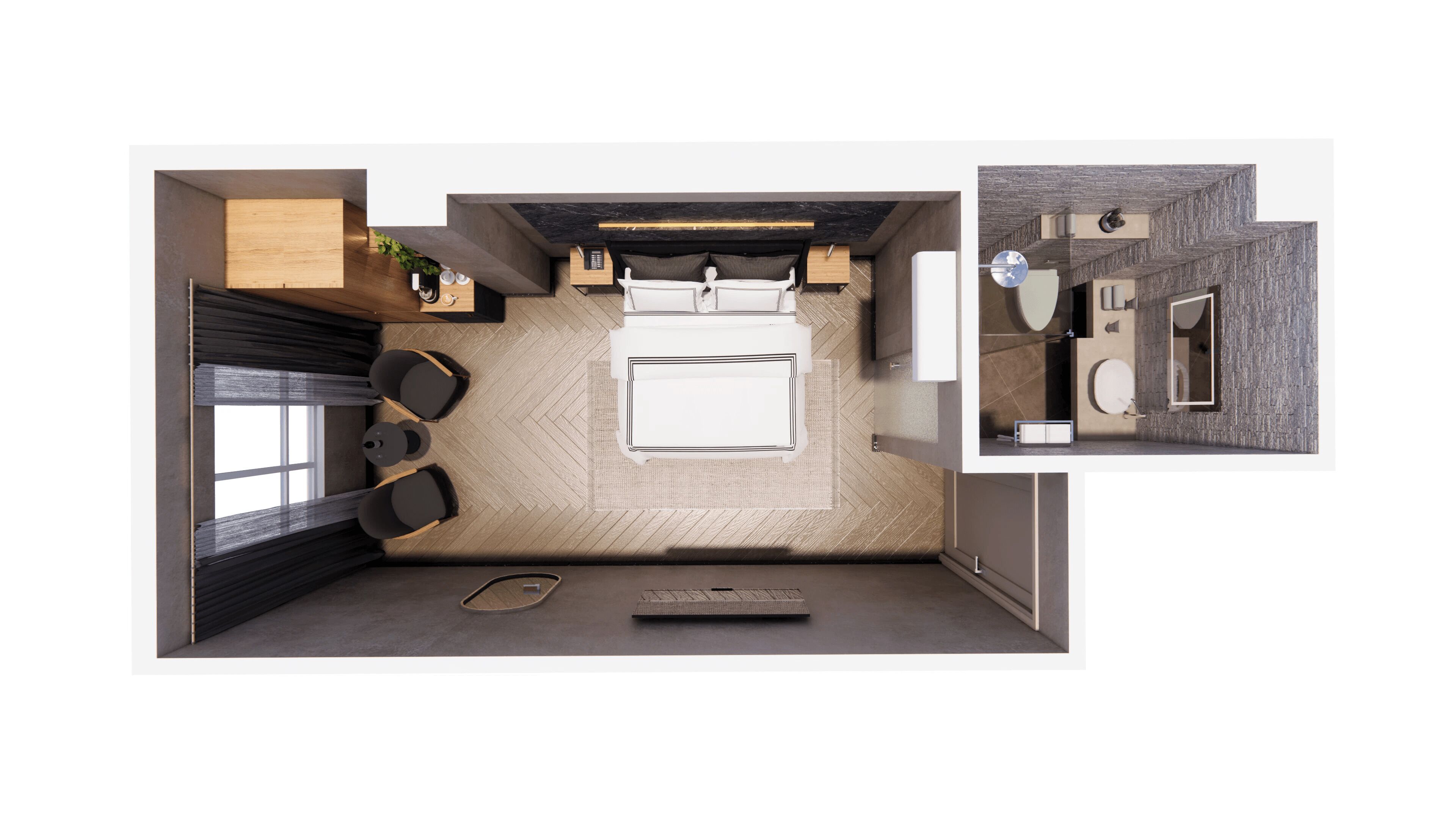 A compact hotel room with a bed, a small seating area, a kitchenette, and a bathroom.
