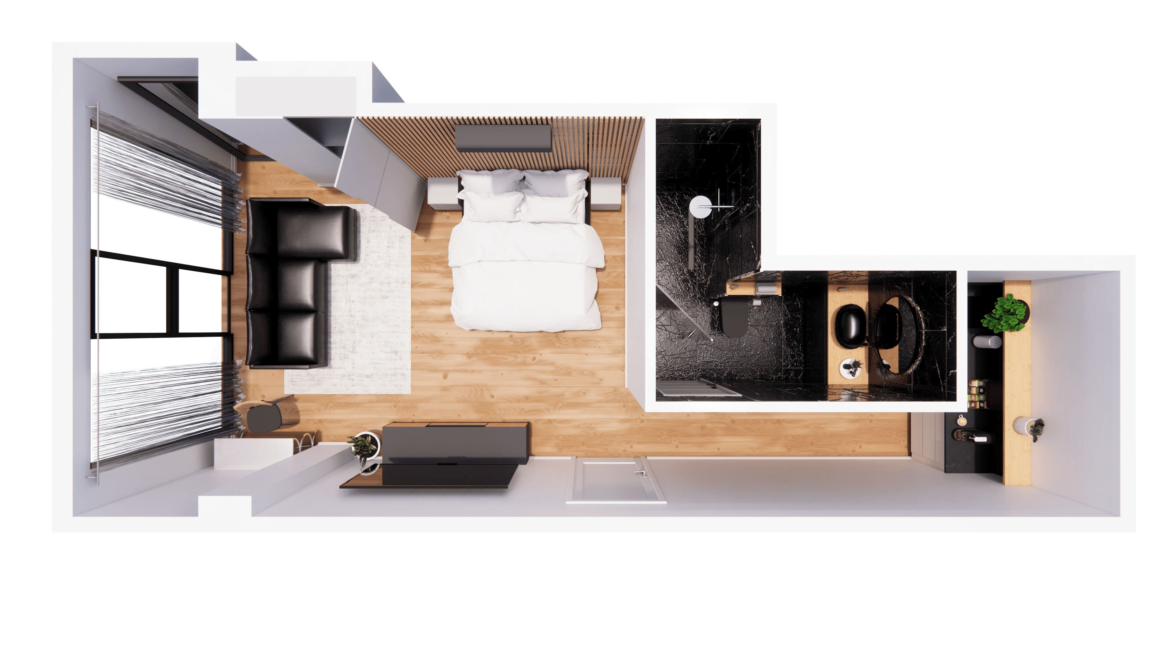 Distribución moderna de un apartamento con dormitorio, sala de estar y cocina.