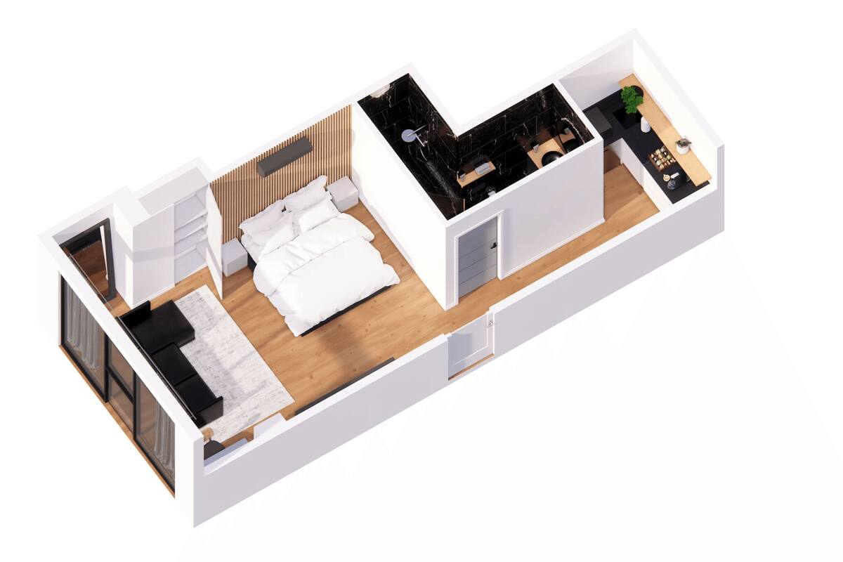 A modern apartment layout with a bedroom, living area, kitchen, and bathroom.