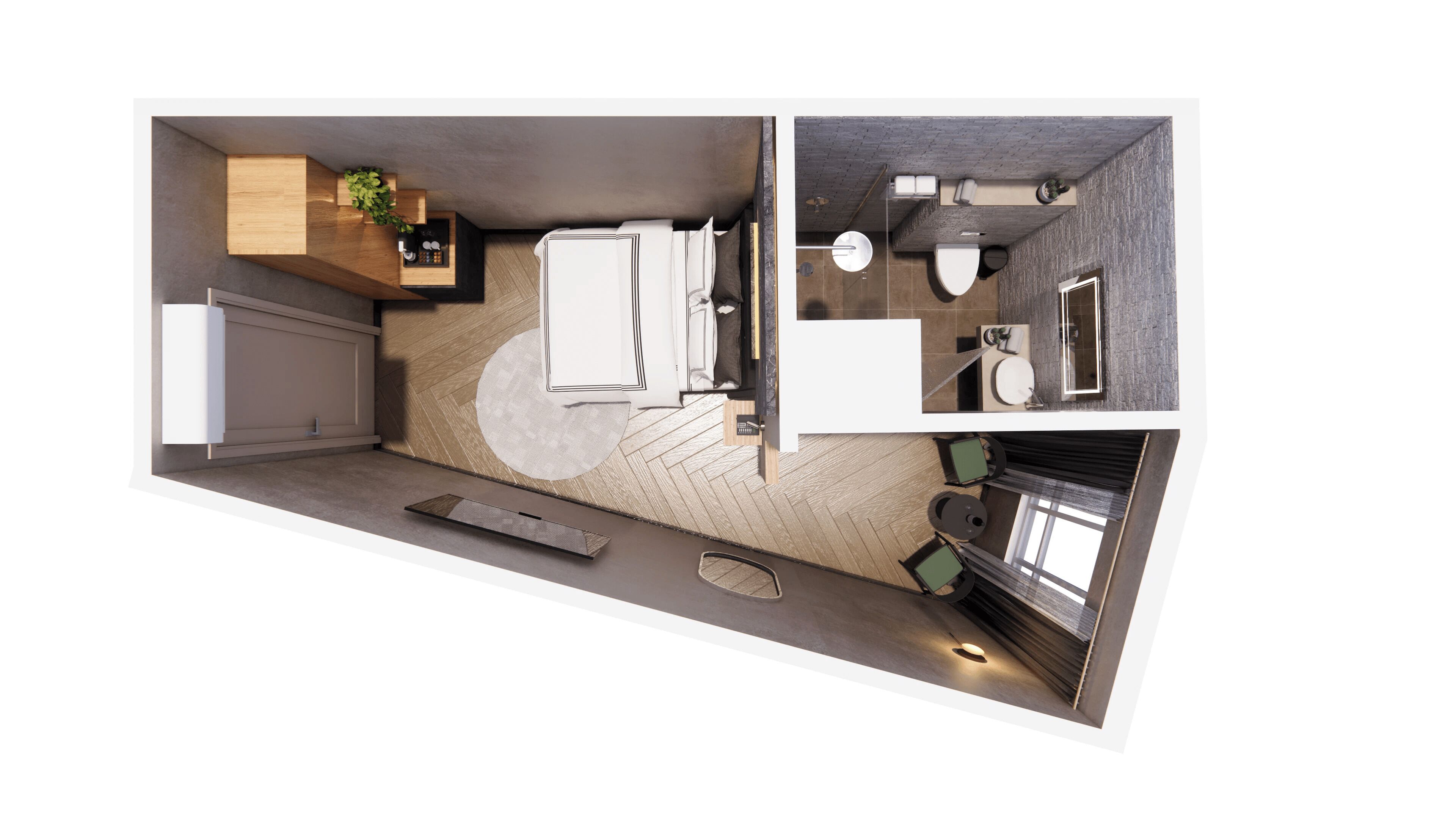 A modern kitchen with a central island, a built-in oven, and a sink. There is a small seating area with a table and chairs.