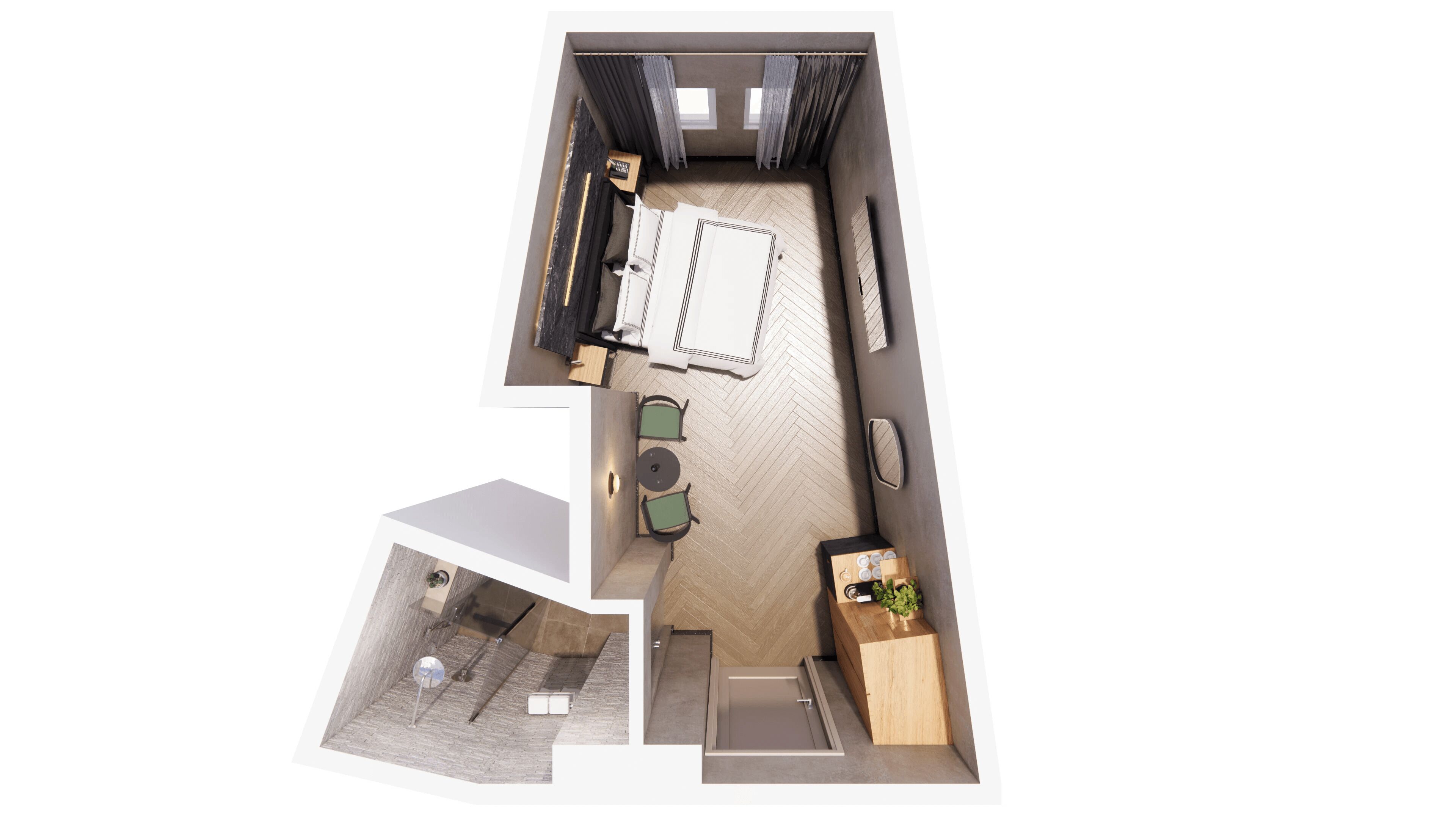 Distribución de un apartamento de dos habitaciones con comedor, cocina y un balcón pequeño.