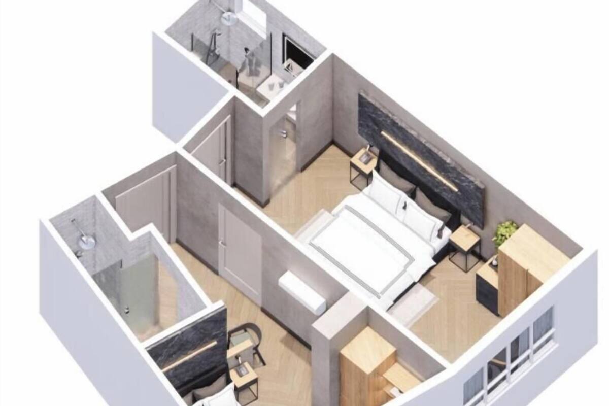 A 3D floor plan of a modern apartment with a bedroom, bathroom, and living area.