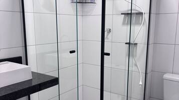 Hair dryer, towels, soap, shampoo