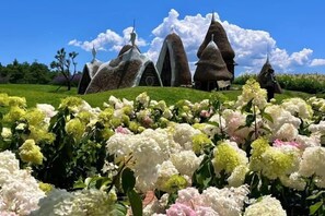 Un jardí amb una varietat de flors i una estructura arquitectònica singular amb teulada punxeguda.