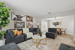 TV, fireplace, offices - 4-BD/2.5-BA Tropical Pool Oasis with a Game Room (Flower Mound)