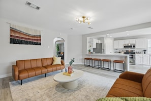 TV, fireplace, offices - 4-BD/2.5-BA Tropical Pool Oasis with a Game Room (Flower Mound)