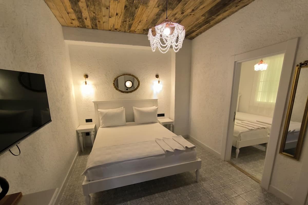Une chambre à coucher avec un lit, une télévision, un miroir et un lustre.