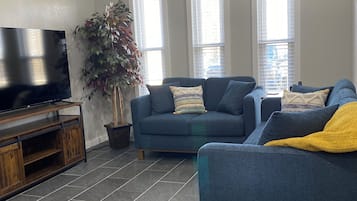 Una Smart TV, una chimenea, un reproductor de DVD, libros