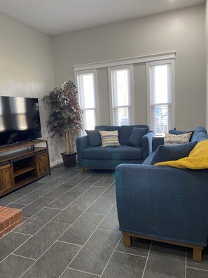 Smart TV, fireplace, DVD player, books