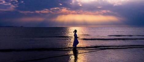 Una persona está de pie en una playa con un atardecer de fondo.
