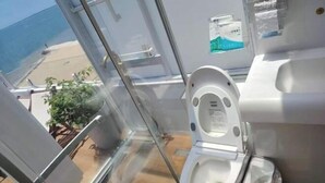 A bathroom with a toilet, a glass partition, and a view of the beach.