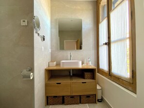 Hair dryer, towels, toilet paper