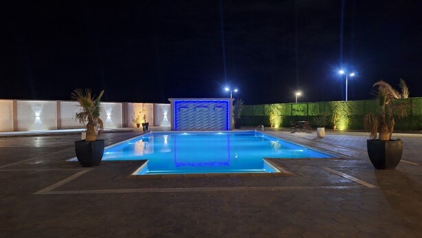 A nighttime swimming pool area with a blue-lit wall and two potted plants. - Al Bayt Hotel (Djelfa)