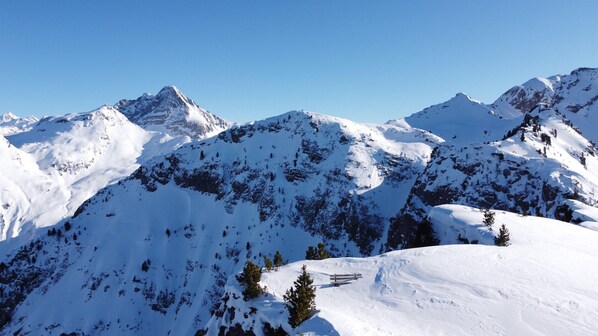 Un paysage montagneux enneigé, avec des pics escarpés et quelques arbres clairsemés.