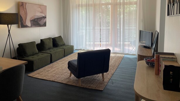 A modern living room with a green sofa, a black armchair, a wooden coffee table, and a large window with sheer curtains.