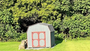 Un cobertizo pequeño con una puerta roja, rodeado por un patio cubierto de césped y follaje denso.