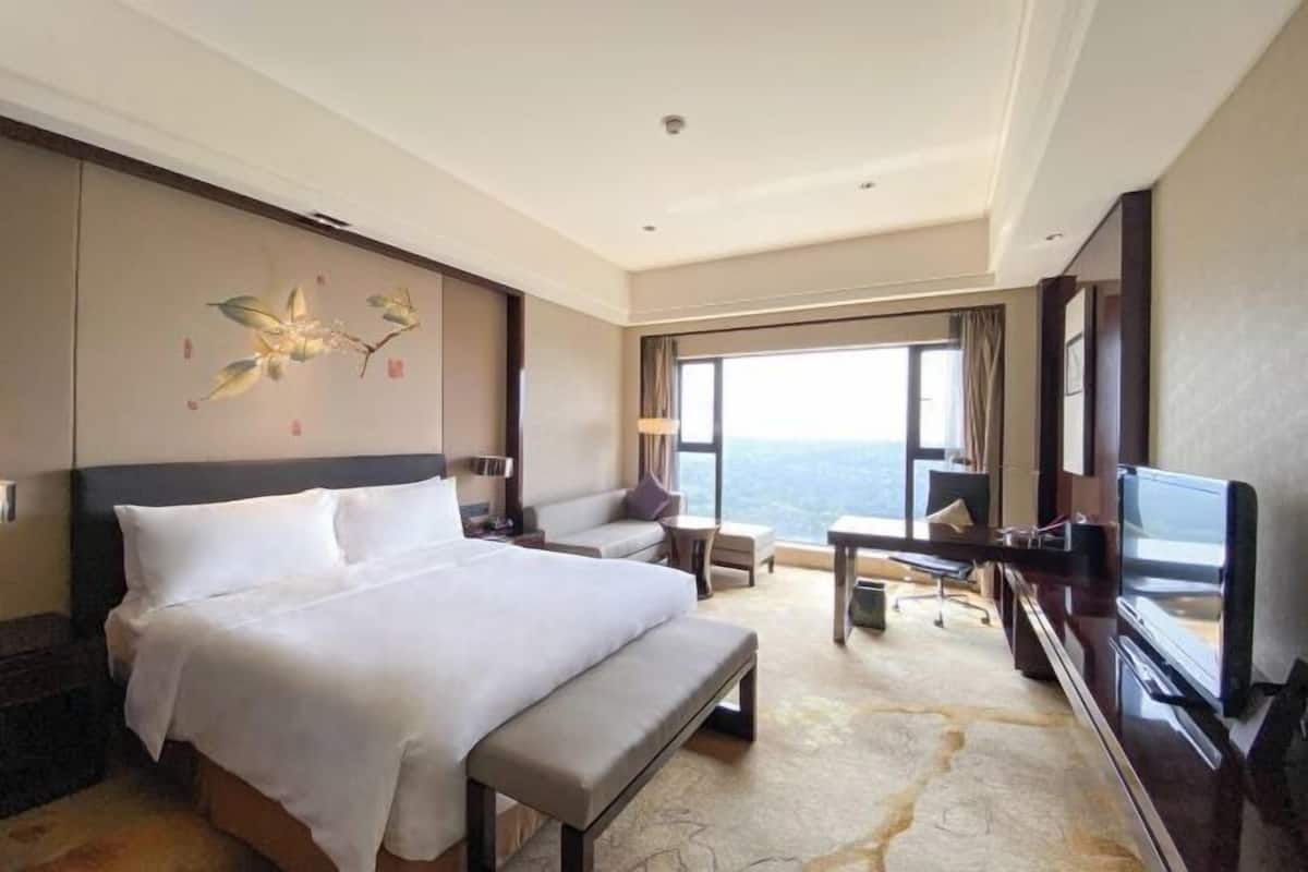 Ein Hotelzimmer mit einem großen Bett, einem Schreibtisch, einem Sessel, einem Fernseher und Blick ins Freie.