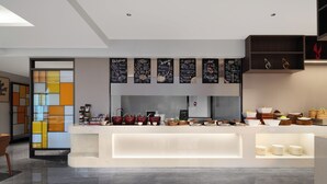 A modern reception area with a counter, a menu board, and a decorative wall. - UrCove by Hyatt Aksu Century Square (Aksu)