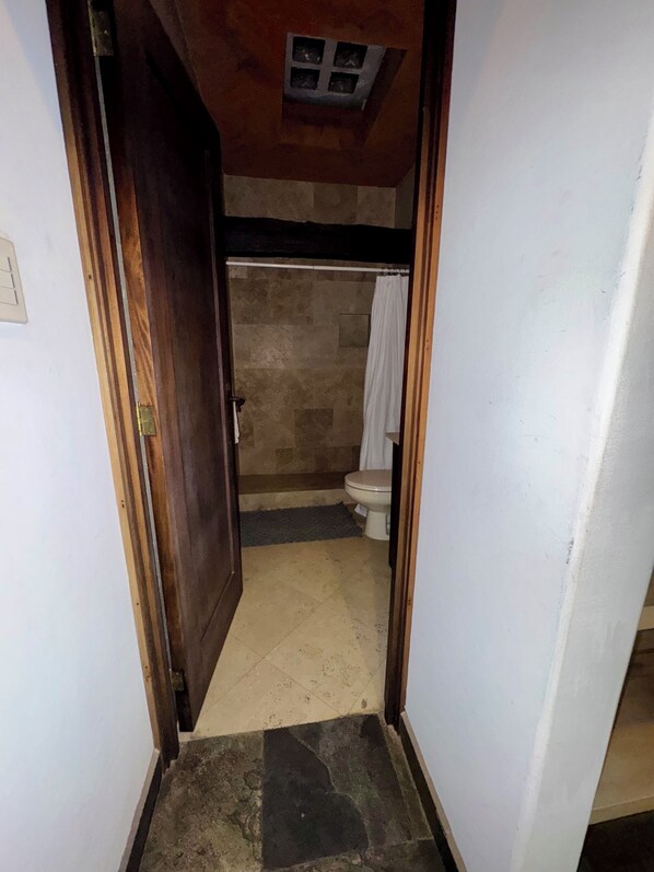 Un estrecho pasillo que conduce a un baño con ducha, inodoro y un pequeño ventanal sobre la ducha.