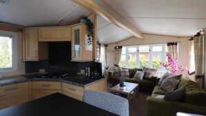 A compact living space with a kitchenette, a dining area, and a seating area with a sofa and a coffee table. - Cozy Chalet in Tzummarum (Tzummarum)