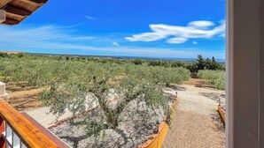 A balcony with a view of an olive grove and distant landscape. - IN OROSEI APARTMENT WITH SEA VIEW VERANDA (OROSEI)