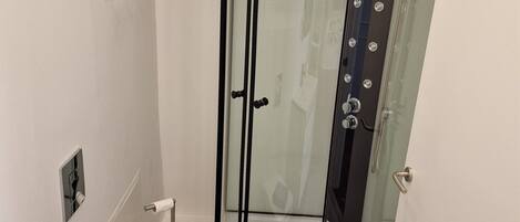 A modern bathroom with a glass-enclosed shower, a toilet, and a sink.