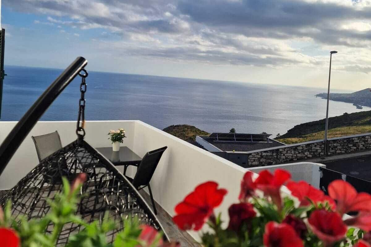 A balcony with a view of the sea, a hanging chair, and red flowers.