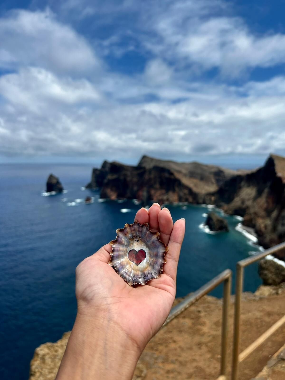 Una mano che regge una conchiglia con un cuore al centro, con vista su un paesaggio costiero con scogliere e il mare.