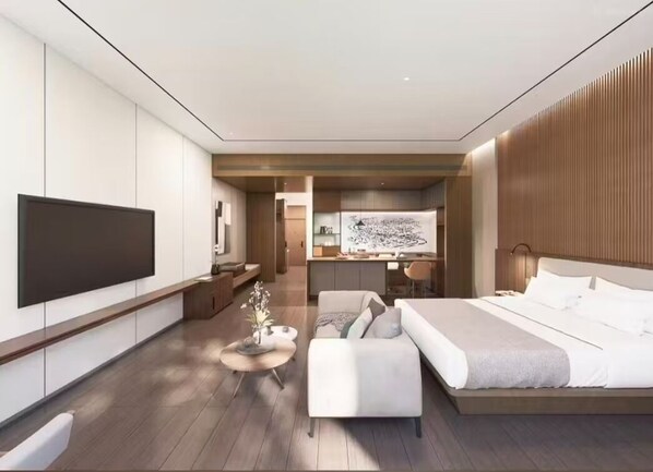 Desk, laptop workspace, blackout drapes, soundproofing