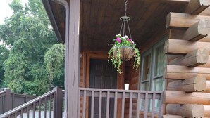 Una cabaña de madera con porche, una maceta colgante con flores y un pequeño jardín con diversas plantas.