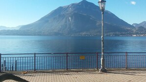 A paved waterfront promenade with a metal railing, a street lamp, and a mountain in the background. - Pirelliguesthouselakeofcomo (Varenna)