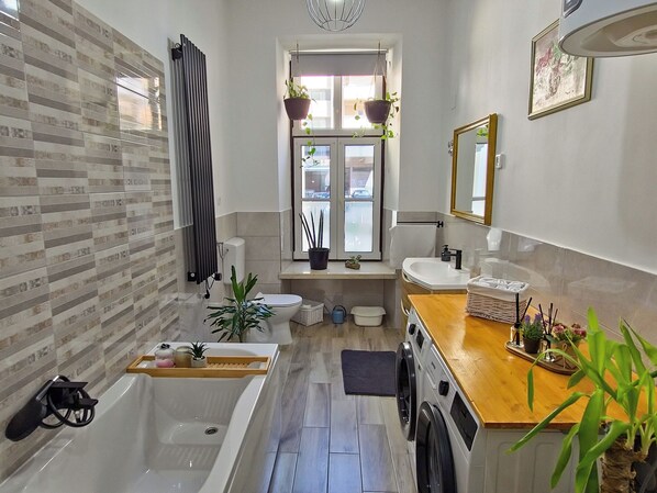 Hair dryer, towels, soap, toilet paper
