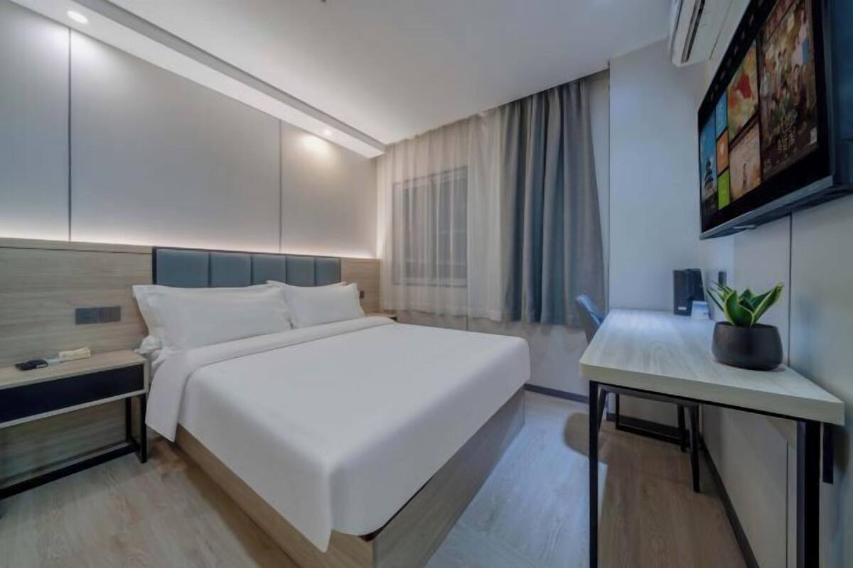 Une chambre d’hôtel moderne, équipée d’un lit, d’une table de chevet, d’une télévision et d’une plante en pot.
