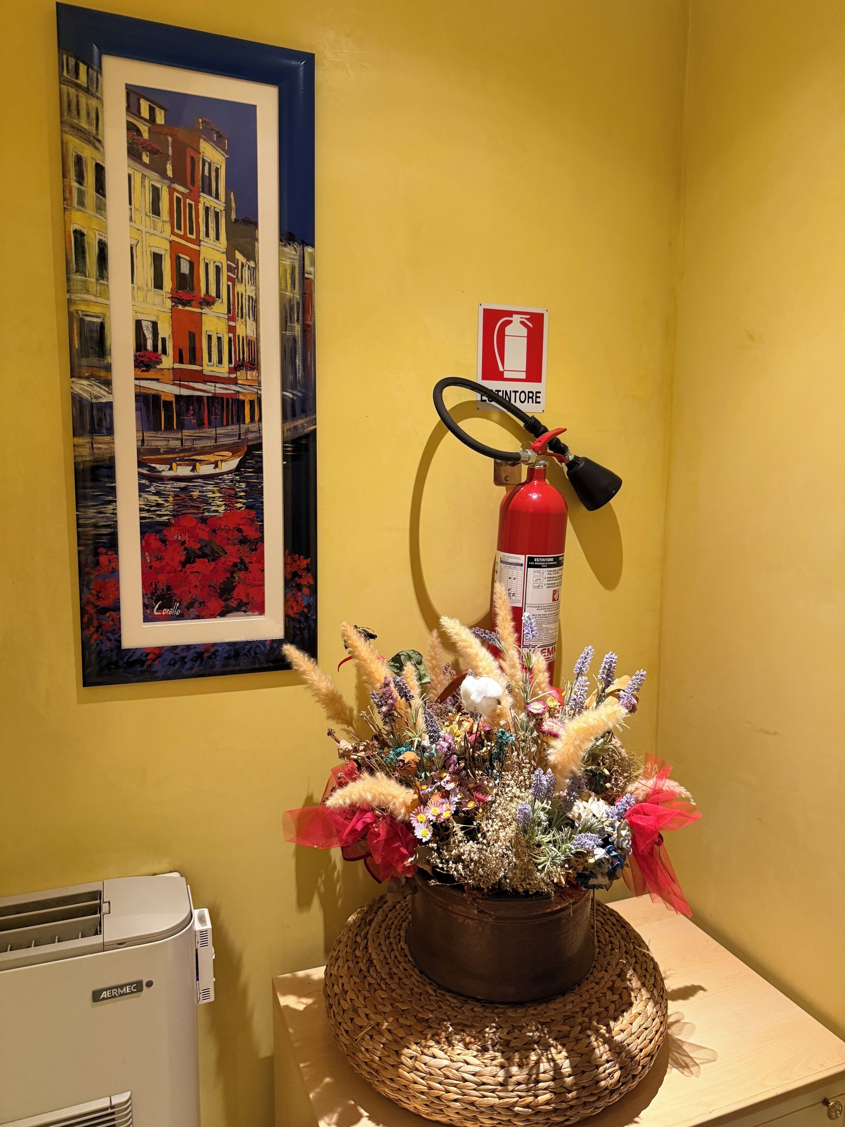 A fire extinguisher mounted on a yellow wall, a framed painting of a building, and a potted plant with decorative elements.