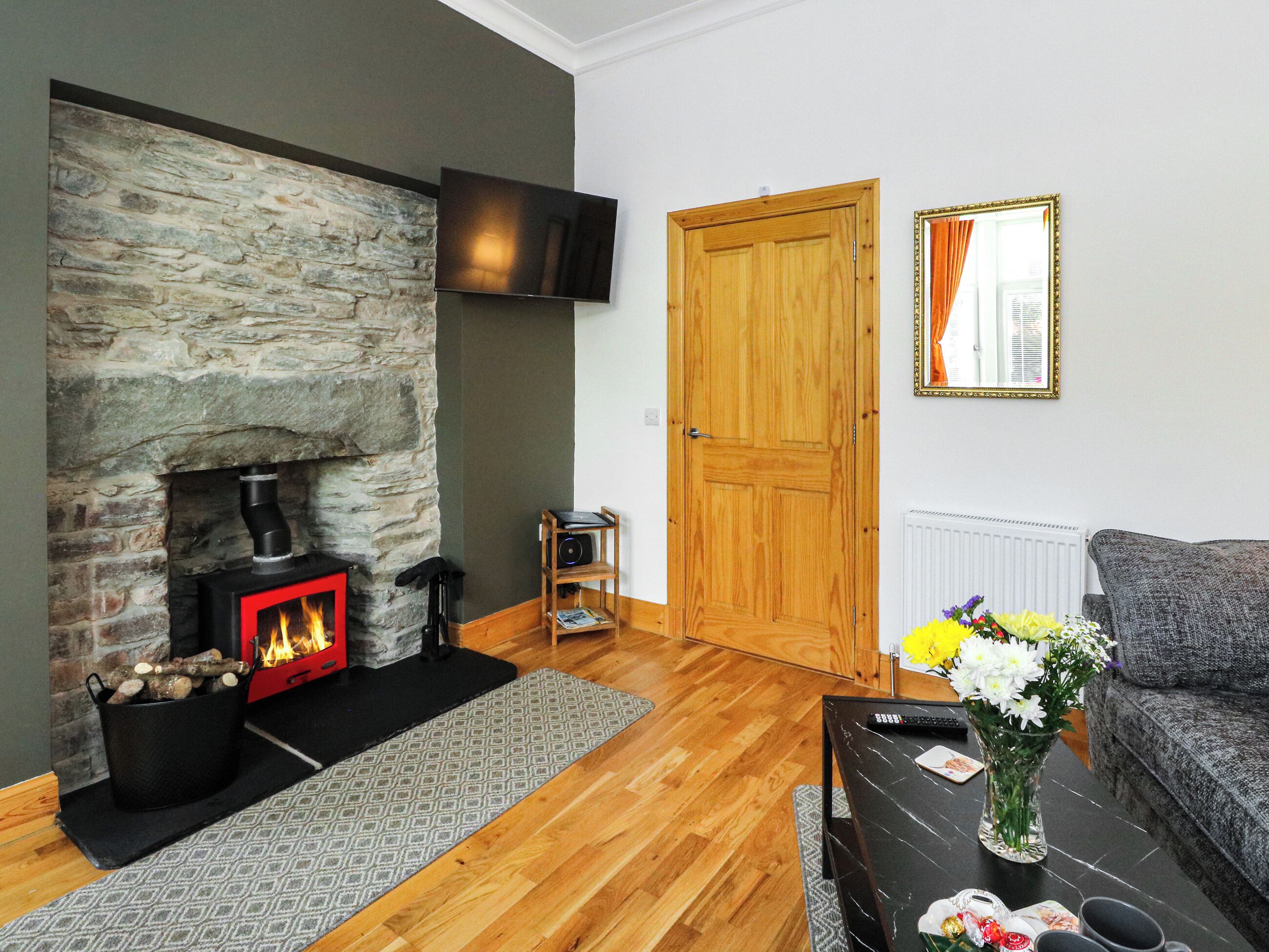 TV, fireplace