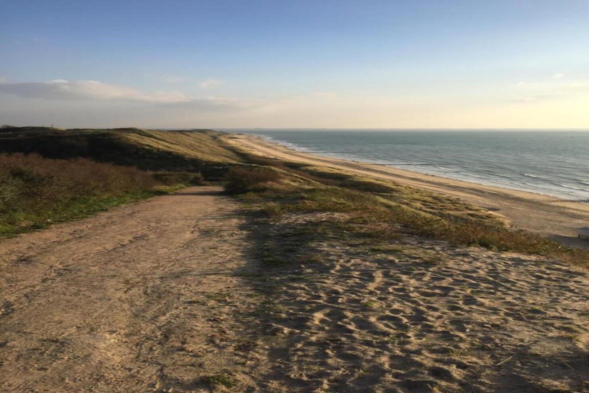 A dirt path leading to a beach with a clear view of the ocean.