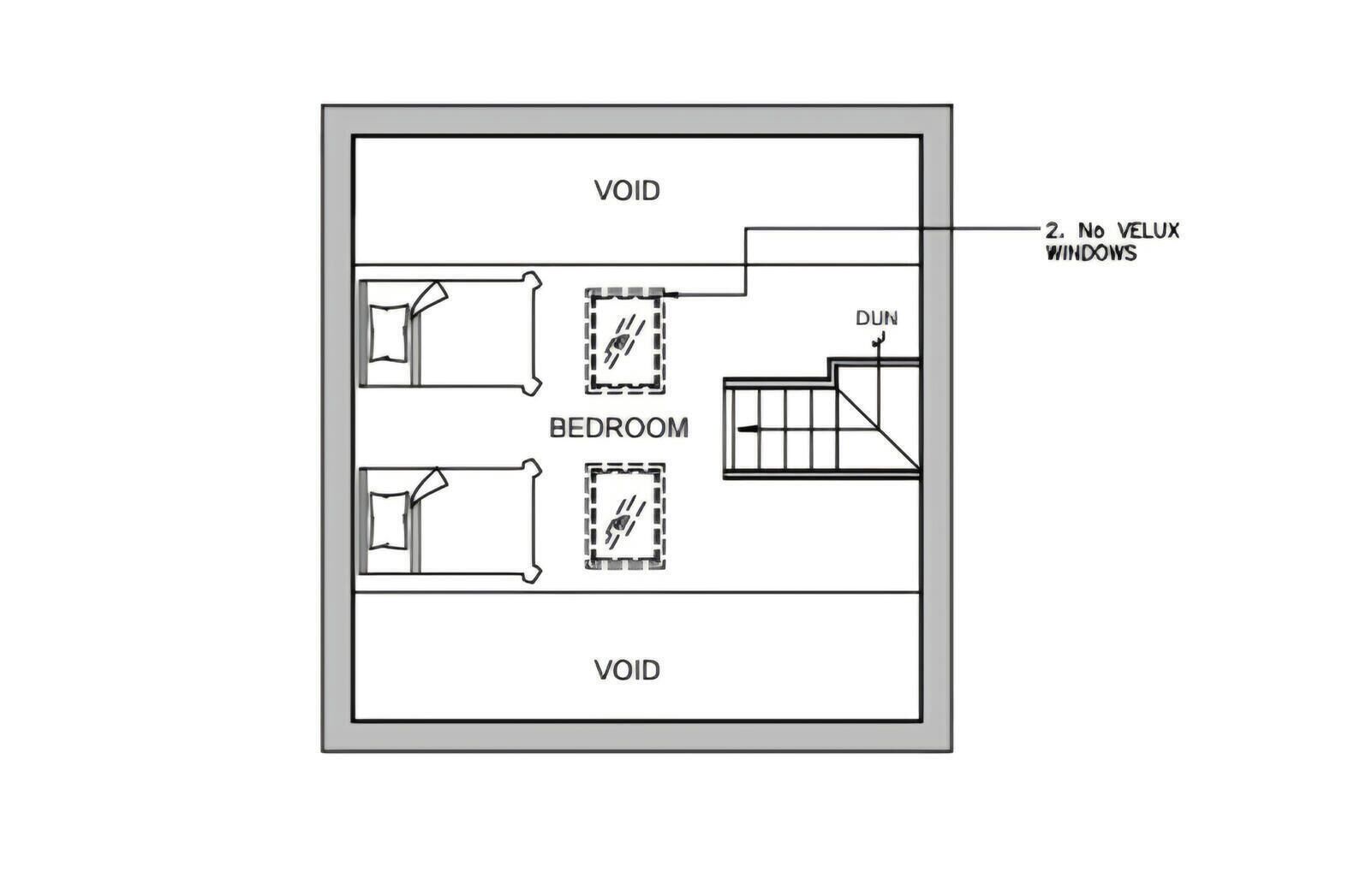 Un plan d’étage comprenant deux chambres et une salle de bain attenante, désigné par la mention « ESPACE LIBRE ». Une note indique également : « Pas de fenêtres de toit VELUX ».