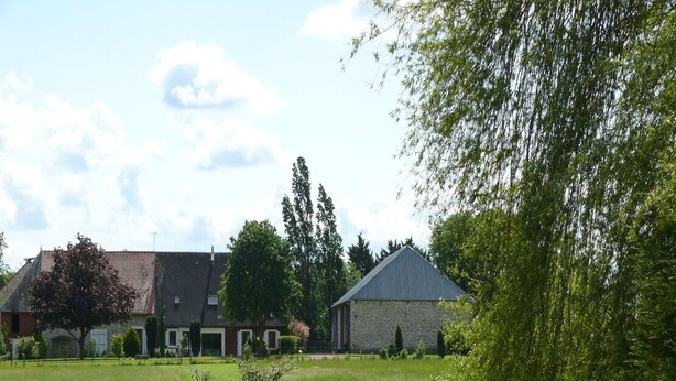 Un cadre paisible au bord d’un lac, avec un bâtiment en pierre, un champ d’herbe et un saule.