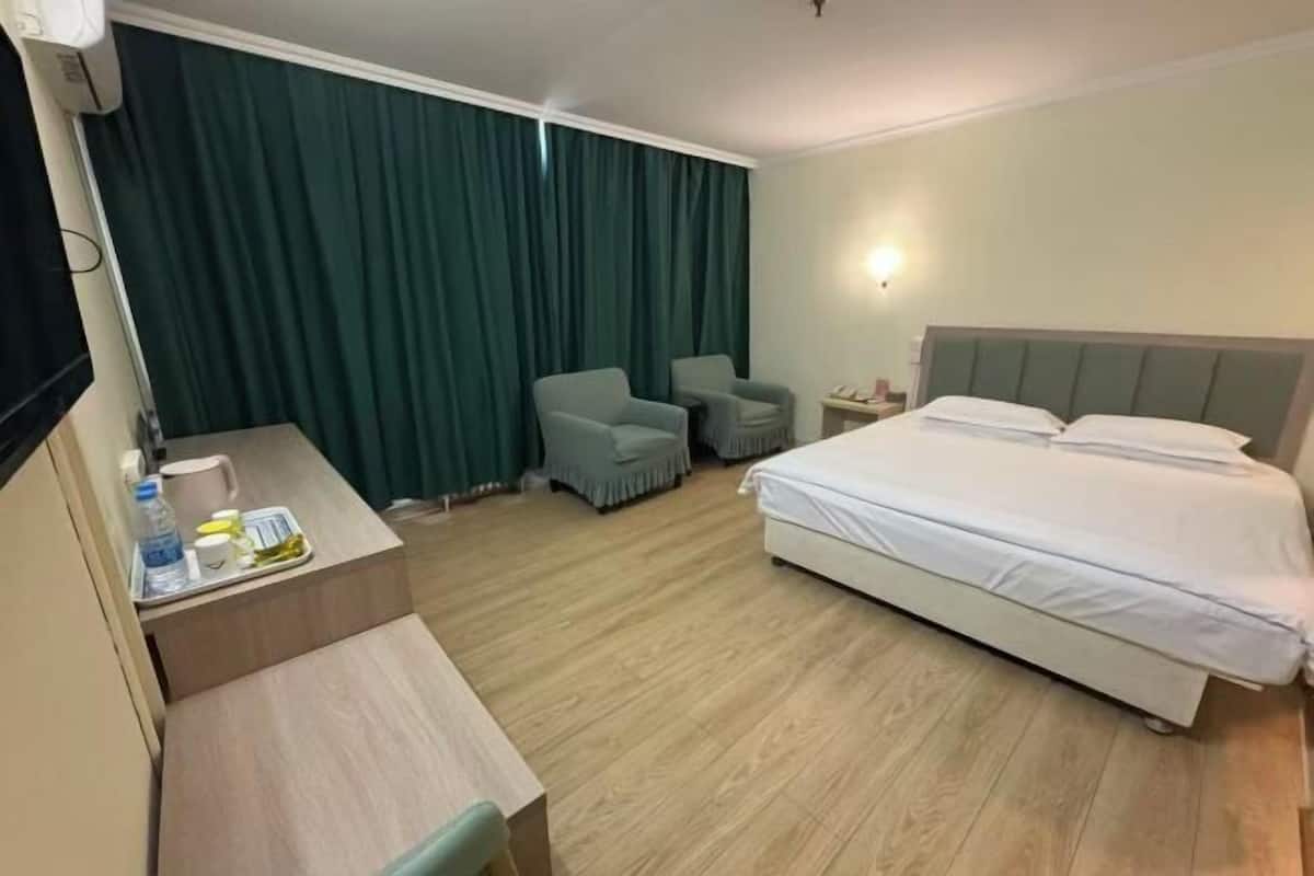 A hotel room with a bed, a desk, two chairs, a TV, and a curtain.